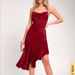 Lulus wine red  satin asymmetrical slip dress